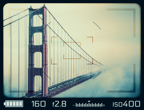 Golden Gate Bridge seen through camera viewfinder