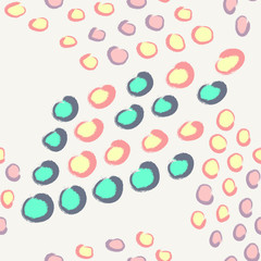 Modern stylish geometric background with irregular structure of repeating colorful circles on white background. Hand drawn texture for prints and wrapping paper. Vector seamless pattern.