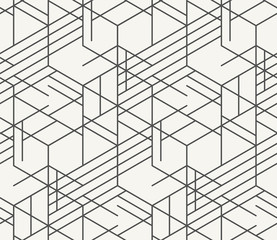 Moderne monochrome onregelmatige geometrische zeshoekige achtergrond in trendy omlijnde stijl. Unieke hipstertextuur perfect voor interieurontwerp, behang en prints. Vector naadloos patroon.