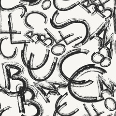 Modern stylish hand drawn grungy calligraphic background with irregular structure of randomly repeated letters. Monochrome texture perfect for prints, textile and wallpaper Vector seamless pattern.