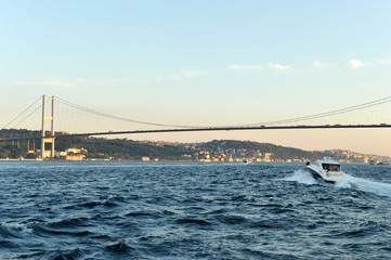 Fototapeta na wymiar beautiful sunset time on Istanbul Bosphorus and 15 July bridge 