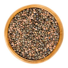Radish seeds and green speckled lentils in wooden bowl. Raphanus sativus and Lens culinaris. Spicy seed mix for sprouting. Isolated macro food photo close up from above on white background.