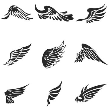 Wings vector icons set. Wing set, icon wing, feather wing bird illustration stock vector.