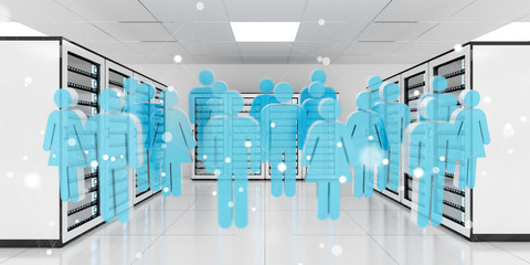 Group of people icons flying over server room data center 3D rendering