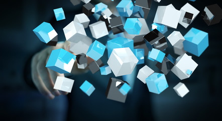 Businessman touching floating blue shiny cube network 3D rendering