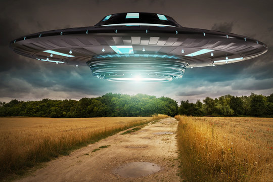 UFO invasion on planet earth landascape 3D rendering