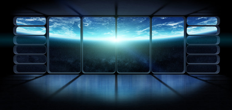 View of the planet earth from a huge spaceship window 3D rendering elements of this image furnished by NASA