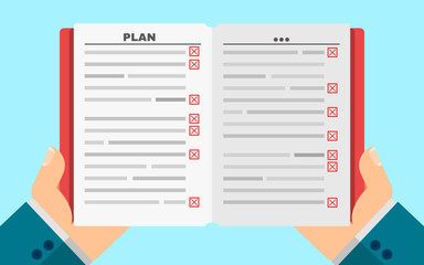 Business man holds a filled diary in hands. Business plan. Red negative execution marks. Tasks in writing. Vector illustration in a flat style. Cover and paper pages