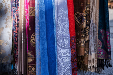 Beautiful oriental shawls at the market in Sarajevo
