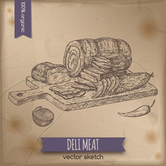 Vintage deli meats platter template placed on old paper background. - 145009688