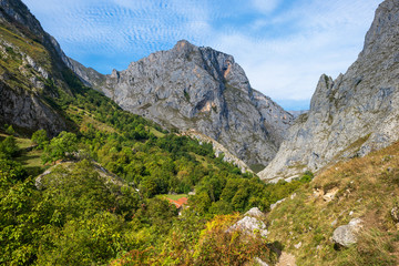 Fototapeta na wymiar The village Bulnes in the Picos de Europa, is one of the remotest parishes in Spain. No roads reach Bulnes. It can now be accessed by an underground funicular railway from Poncebos as well by foot