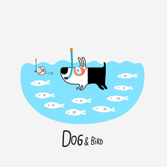 Dog & Bird snorkeling, vector illustration