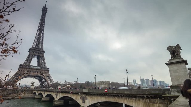 cloudy day paris city famous jena bridge eiffel tower panorama 4k time lapse france
