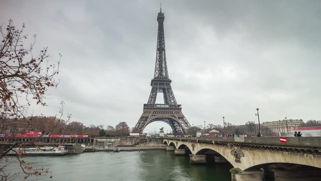 day paris city famous seine river jena bridge eiffel tower panorama 4k time lapse france
