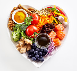 Heart-shaped plate of healthy heart foods