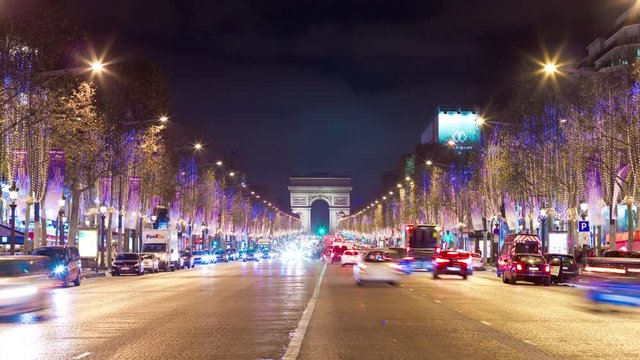 paris night illuminated traffic champs elysees arch de triumph panorama 4k time lapse france
