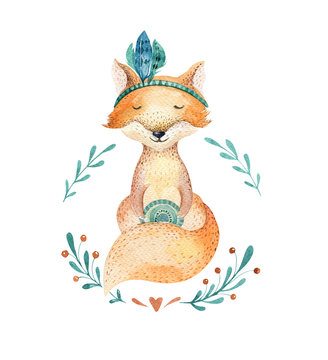 Cute baby fox animal for kindergarten, nursery isolated  illustration for children clothing, pattern. WatercolorHand drawn boho image Perfect for phone cases design, nursery posters, postcards.