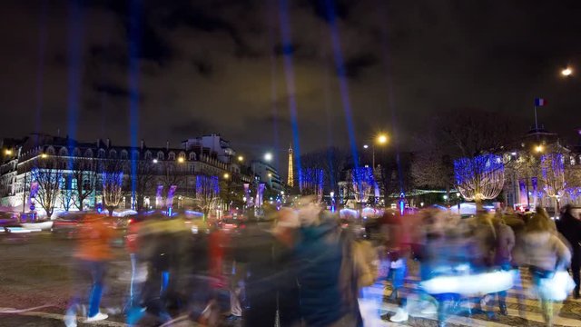 night paris holiday illumination traffic roosevelt square panorama 4k time lapse france
