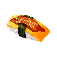 Vector illustration in cartoon style. Egg sushi with nori, sauce and sesame. Isolated on white background