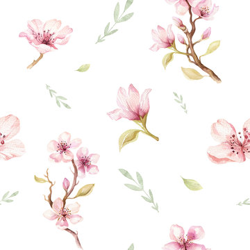 Watercolor seamless wallpaper with blossom cherry flowers, branch and leaves, bohemian watercolour decoration pattern. Design for invitation, wedding or greeting cards