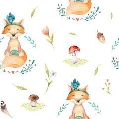 Cute baby foxes animal seamless pattern isolated  illustration for children clothing. Watercolor Hand drawn boho image Perfect for phone cases design, nursery posters, postcards