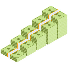 Isometric money banknotes stacks rising up graph. Banknote stairs. Vector illustration