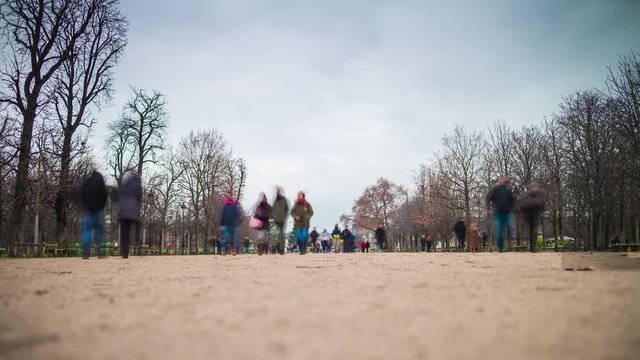 paris cloudy day famous tuileries garden walking road panorama 4k time lapse france
