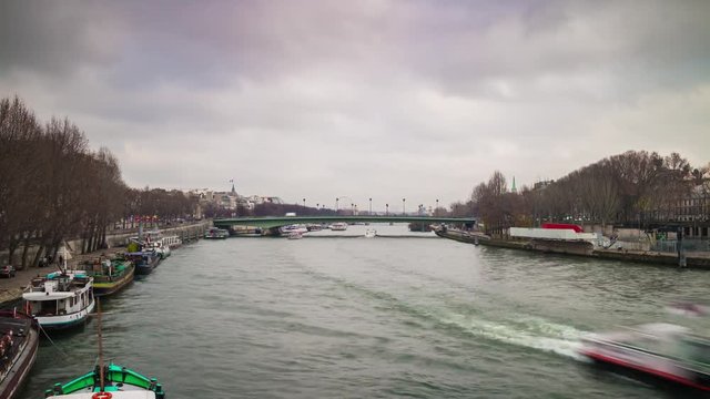 cloudy day famous paris city jena bridge seine river panorama 4k time lapse france
