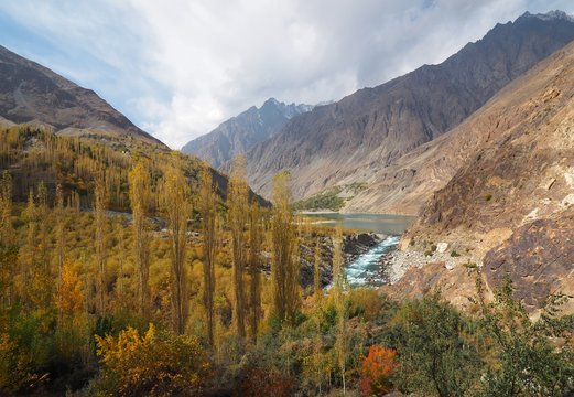Landscape Of Golden Autumn Around Khalti Lake Along Hindu Kush Range, Gupis City, Ghizer Valley, Northern Pakistan 
