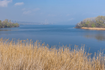 Spring spring landscape with Dnepr river near Dnepr city, Ukraine