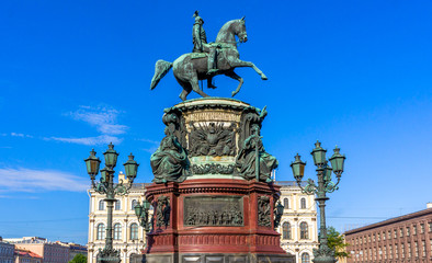 Fototapeta na wymiar St. Isaac's Square and the monument to Nicholas I (St. Petersburg), made by sculptor P. Kloddt in 1859