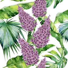 Seamless watercolor illustration of tropical leaves and lilac flower, dense jungle. Pattern with tropic summertime motif may be used as background texture, wrapping paper, textile,wallpaper design. 