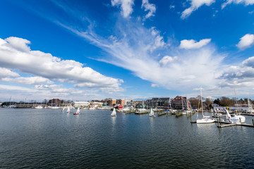 Fototapeta na wymiar Harbor Area of Annapolis, Maryland on a cloudy spring day with sail boats