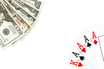 poker hand four of a kind in aces and some us-dollar bank notes