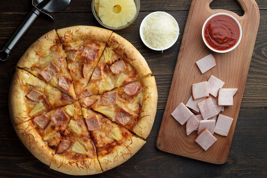 Pizza Hawaii With Ingredients On Wooden Background.