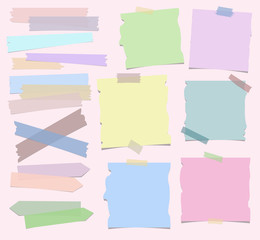 Collection of different shape and size ripped colored sticky notes and adhesive tape