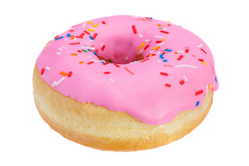 Pink donut closeup on white