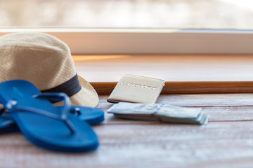 objects for travel isolated on a wooden background