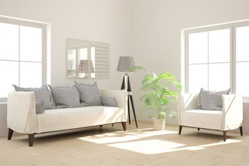 White modern room with sofa. Scandinavian interior design. 3D illustration