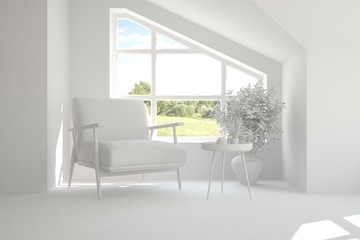 Naklejka na ściany i meble White room with armchair and green landscape in window. Scandinavian interior design. 3D illustration