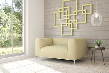 White room with armchair and green landscape in window. Scandinavian interior design. 3D illustration