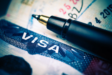 American Visa Macro Photo. Visa Issued By American Embassy - obrazy, fototapety, plakaty