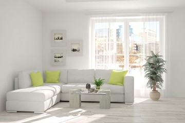 White room with sofa and urban landscape in window. Scandinavian interior design. 3D illustration