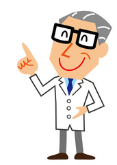 指さし　白衣の熟年男性