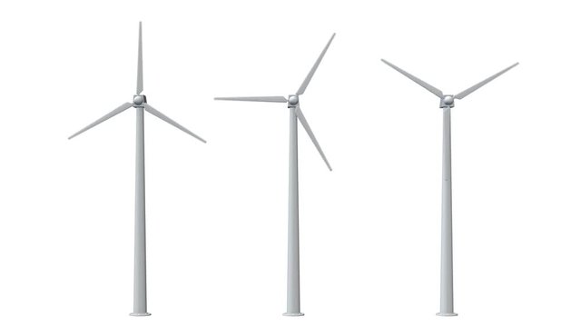 Seamless looping animation of wind turbines spinning. 3D render footage in FullHD with alpha matte