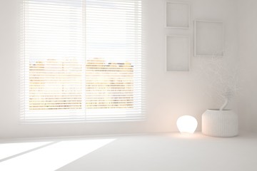 White empty room with autumn landscape in window. Scandinavian interior design. 3D illustration