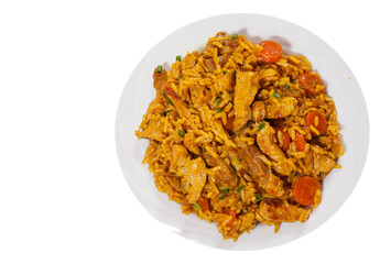 meat with rice and vegetables. top view. isolated on white