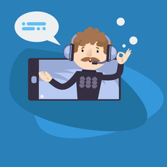 Vector picture on a blue background man seller. Image of the online store.