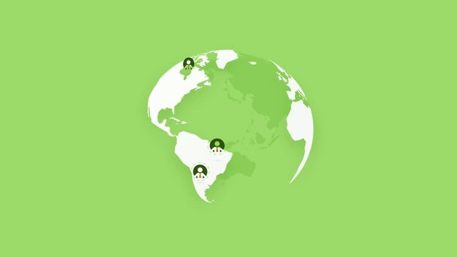 global team people, rotating world earth on green background