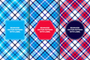 Red, White, Blue and Navy Tartan Seamless Patterns with Label Frames. Patriotic Colors Background Textures & Badges. Copy Space for Text. Set of Design Templates for Packaging, Covers or Gift Wrap.